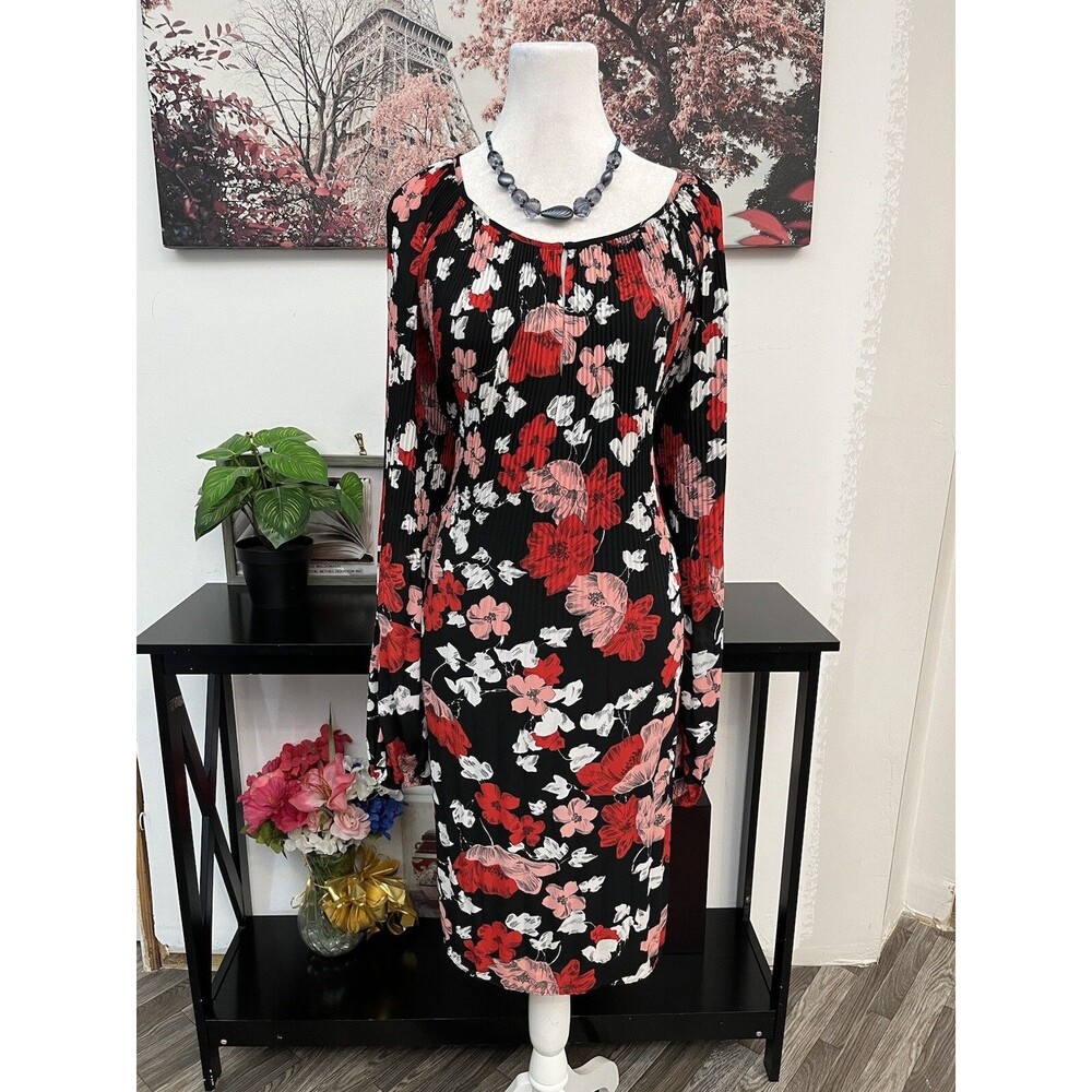 Roz & Ali Floral Pleated Shift Dress Long Sleeve Women's Plus Size 22 Black Red
